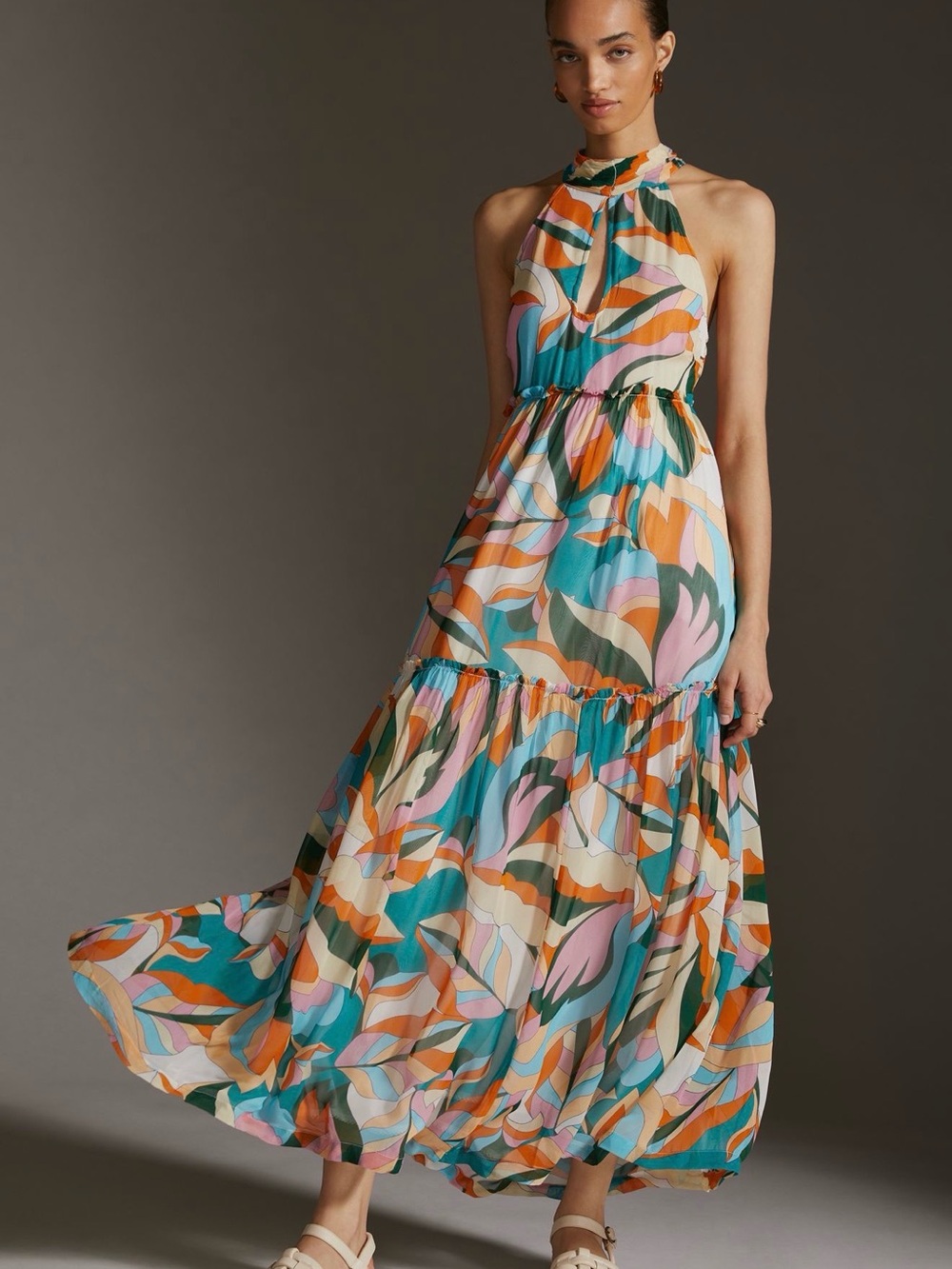 Anthropologie Multicolor Halter Maxi Dress in Teal, Pink & Orange. 3X. NWT